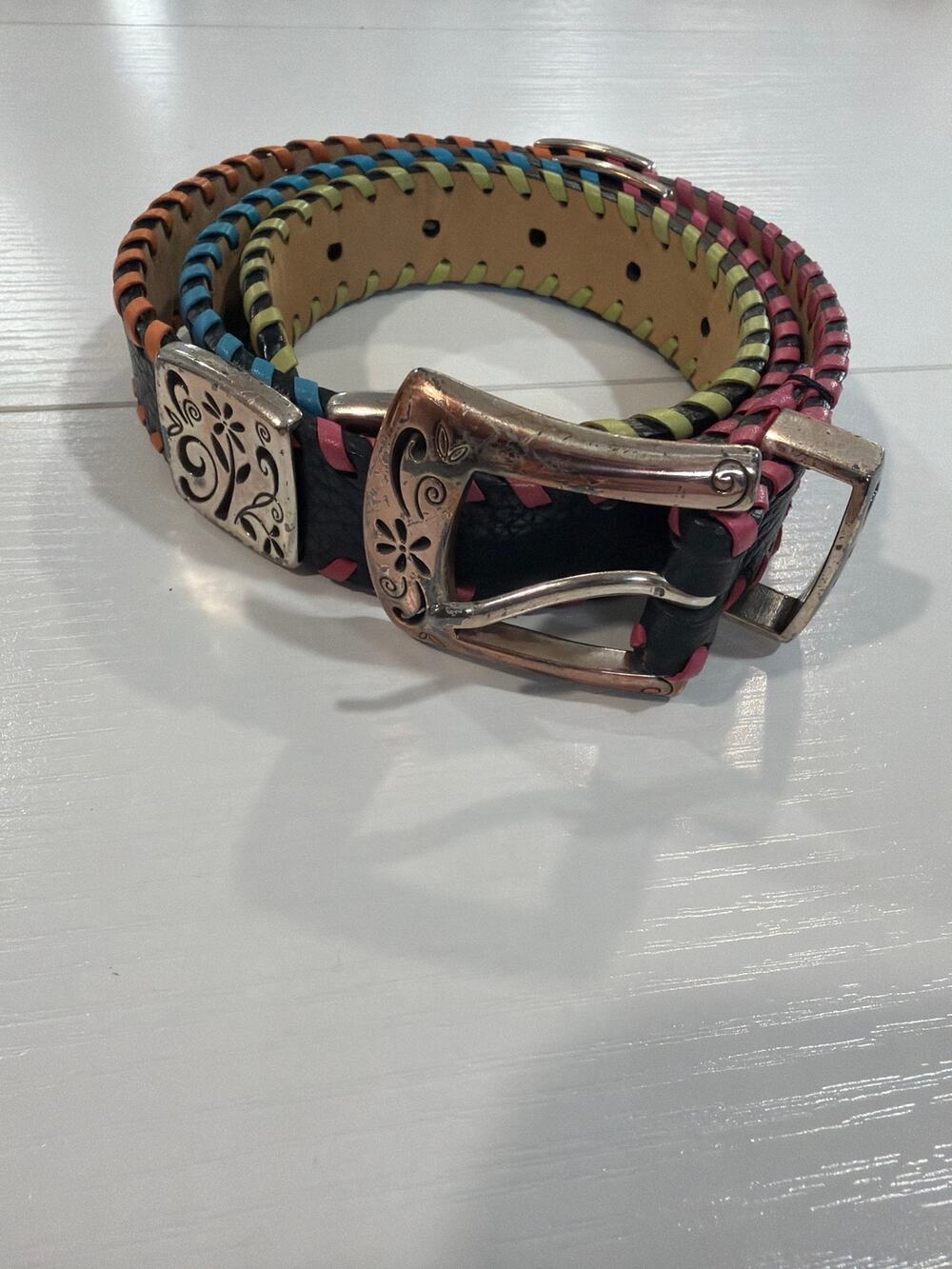 Brighton Black Leather Belt Silver Buckle Mutli Color Stitching Size L(34)